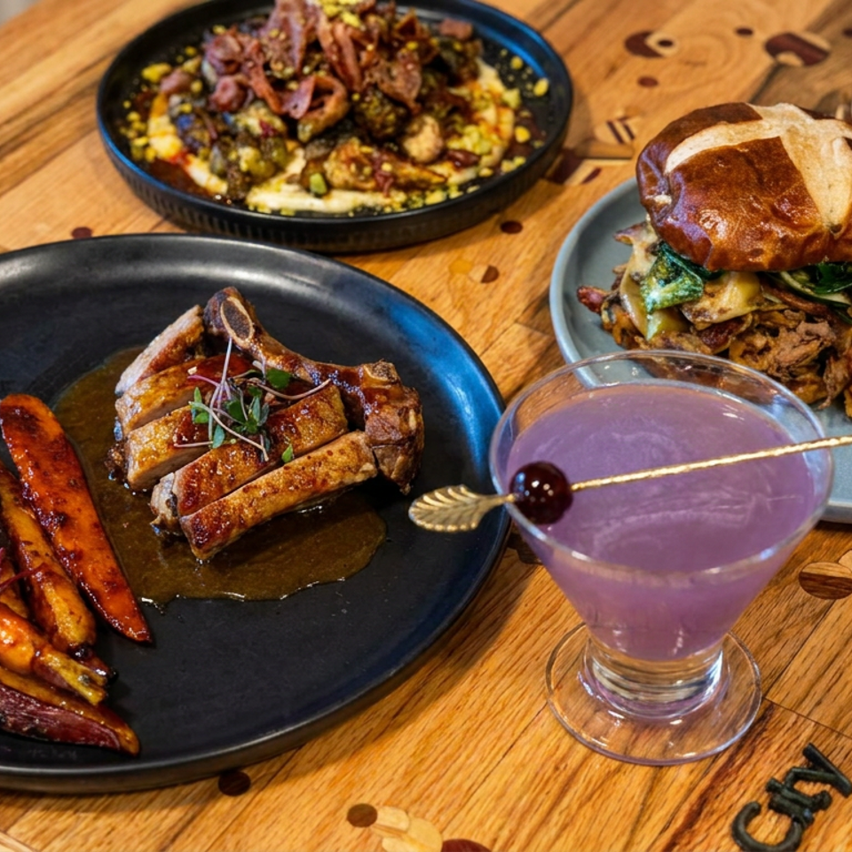 Restaurant table featuring glazed carrots, sliced meat, a loaded burger with chips, a shared appetizer, and a purple cocktail.