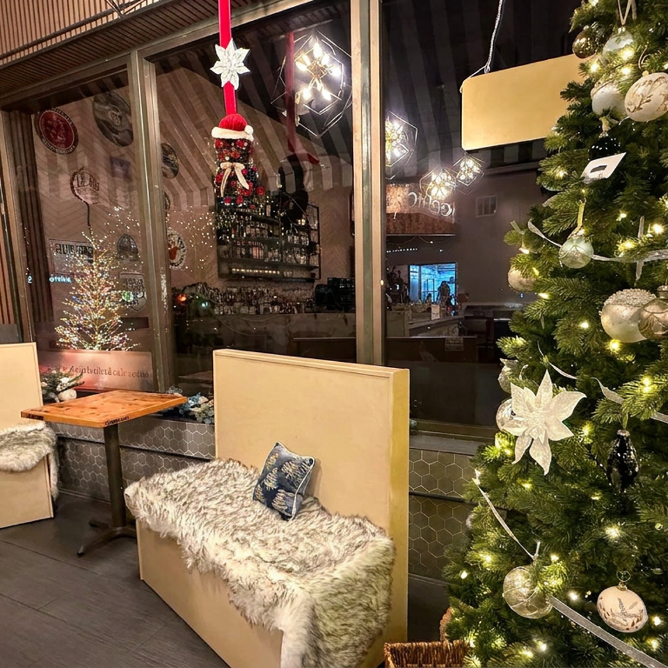 Festive restaurant interior with a decorated Christmas tree, cozy fur-covered seating, wooden tables, and a visible bar.