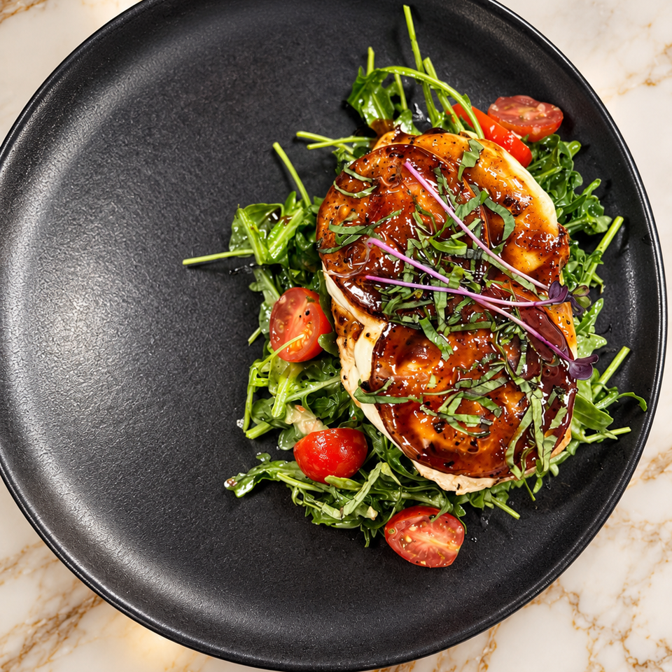 Grilled shrimp and tomato salad with mixed greens, herbs, and balsamic glaze on a black plate.