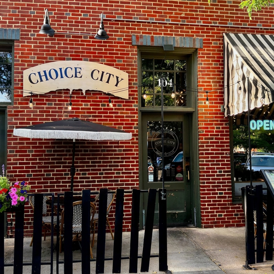 Choice City restaurant exterior with red brick facade, striped awning, outdoor tables, umbrellas, flowers, and illuminated OPEN sign.
