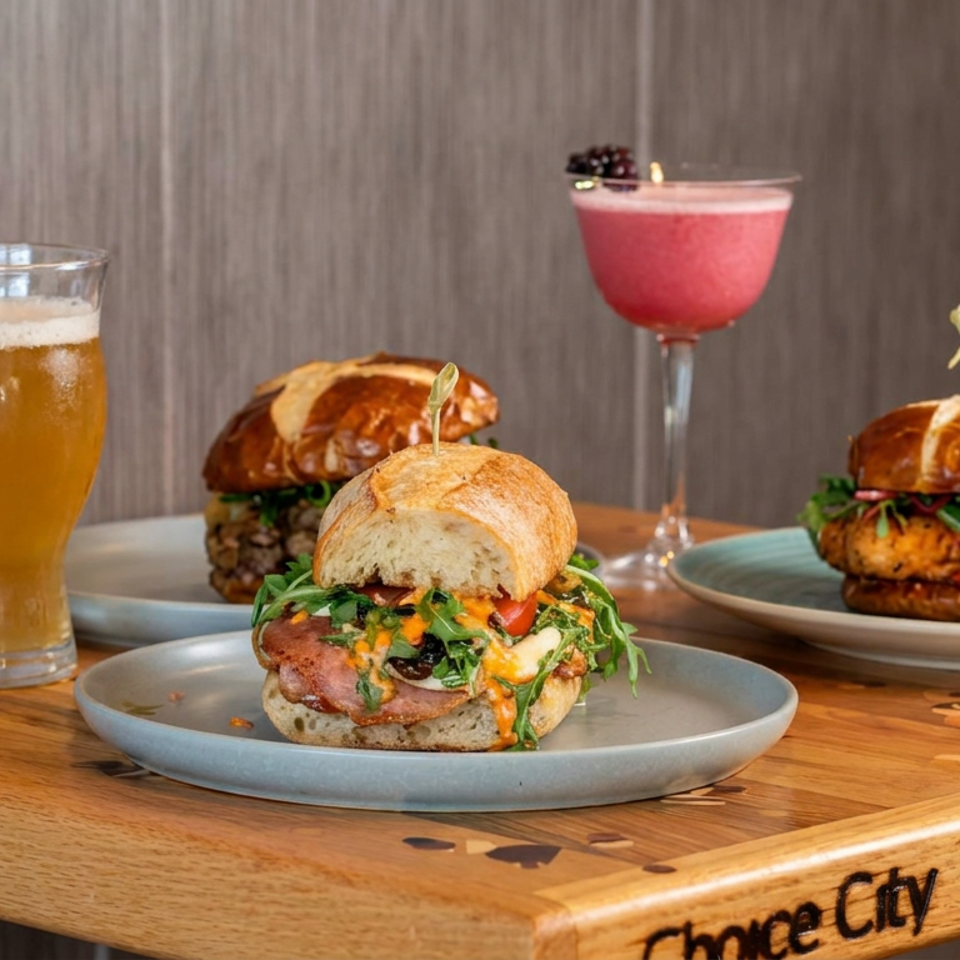 Three gourmet burgers with greens and sauces on plates, accompanied by beer and a pink cocktail on a wooden restaurant table.