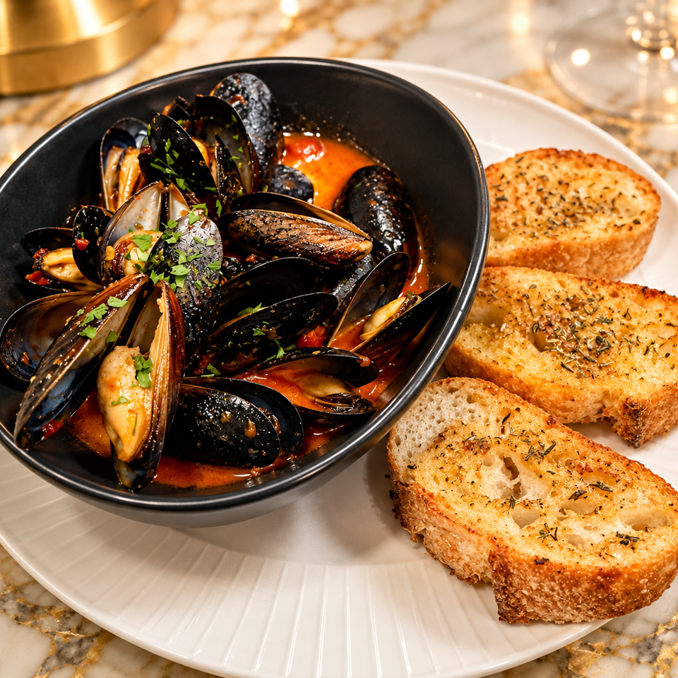 Bowl of mussels in spicy tomato broth garnished with herbs, served alongside three slices of toasted garlic bread.