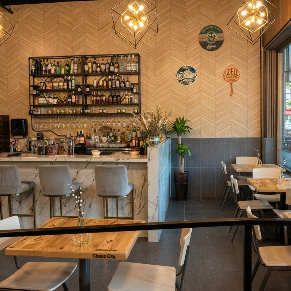 Bright modern restaurant interior with marble bar, liquor shelves, pendant lights, wooden tables, and outdoor seating visible through windows.