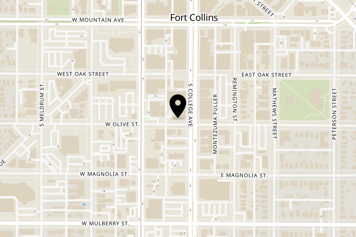 Map showing the location of Choice City on 104 W Olive St in Fort Collins